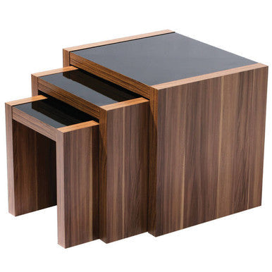 Brown Walnut Veneer Wooden Nest of 3 Tables with Black High Gloss Detail Top | Fargo