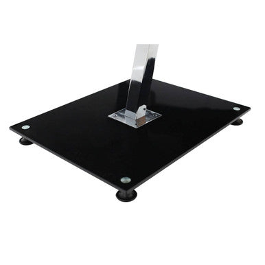 Black Tempered Glass Top End Table with Silver Chrome Angled Support and Black Glass Base | Black Glass Chrome Frame