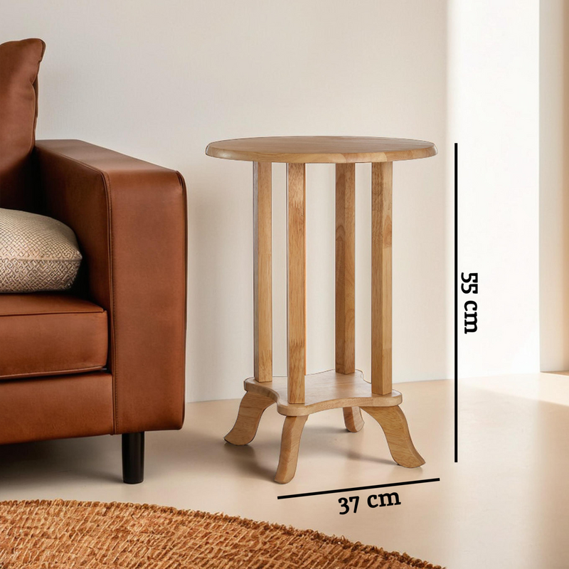 Natural Hevea Wood Round Side Table with Curved Feet and Lower Storage Shelf | Heva