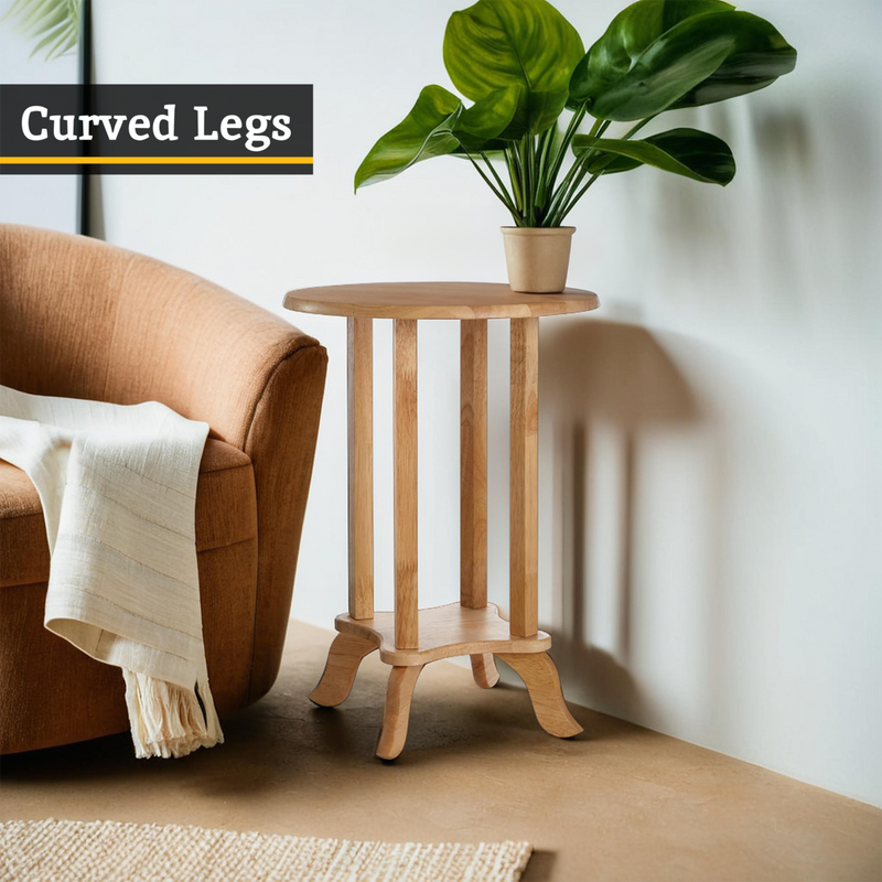 Natural Hevea Wood Round Side Table with Curved Feet and Lower Storage Shelf | Heva