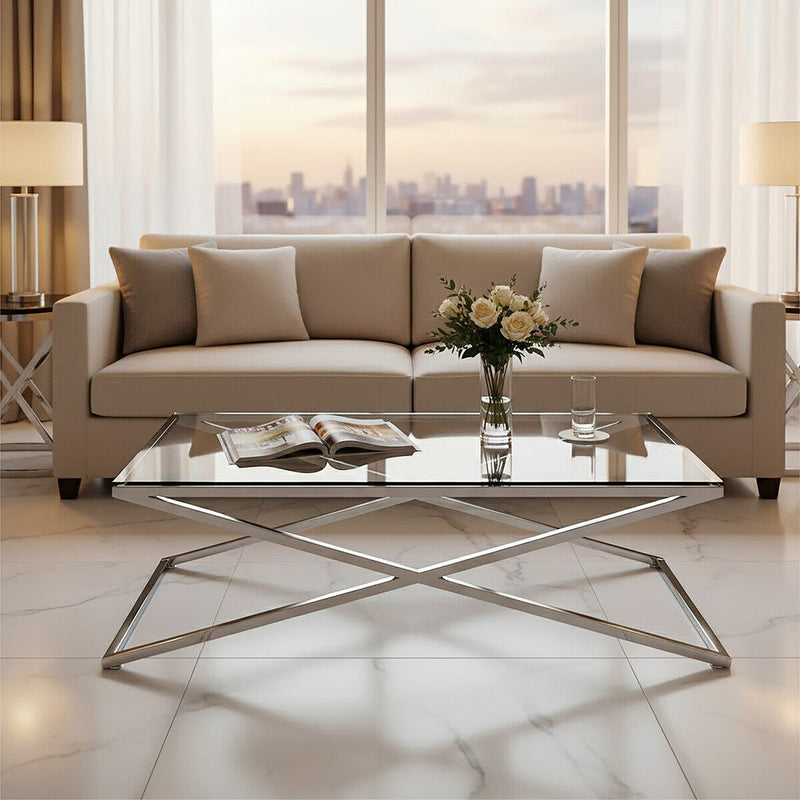 Clear Glass Top Coffee Table with Glistening Silver Stainless Steel Cross Base | Montril