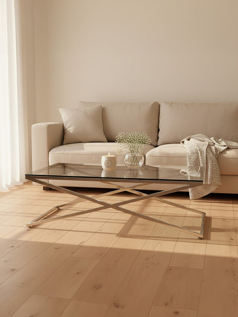 Clear Glass Top Coffee Table with Glistening Silver Stainless Steel Cross Base | Montril