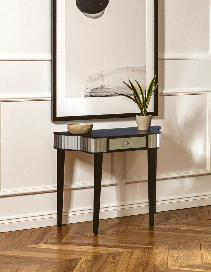 Black Mirrored Panel Top Console Table with 1 Drawer and Cunninghamia Wood Legs | Clavier