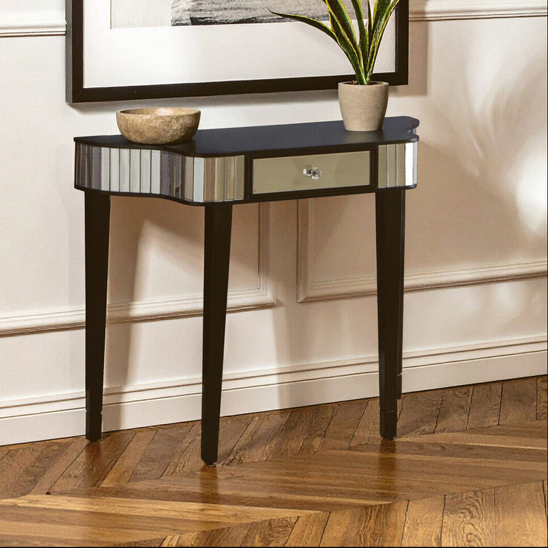 Black Mirrored Panel Top Console Table with 1 Drawer and Cunninghamia Wood Legs | Clavier