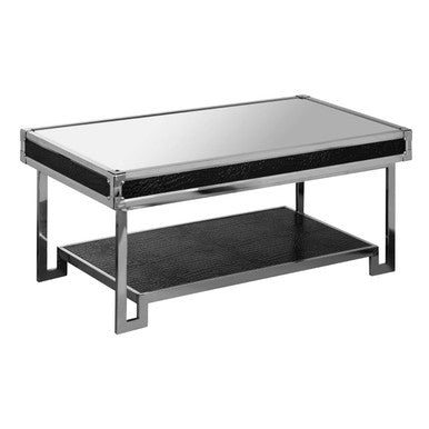 Black and Silver Two-Tier Coffee Table with Leather Effect Top and Stainless Steel Frame, Carla