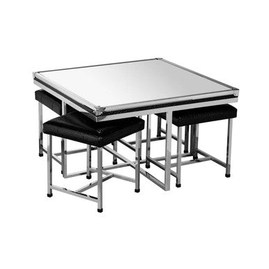 Silver 5 Piece Square Coffee Table and Stool Set with Crocodile Leather Effect | Carla