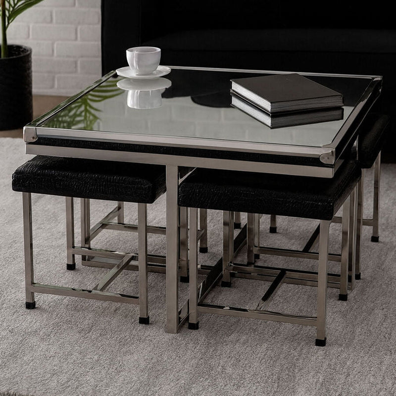 Silver 5 Piece Square Coffee Table and Stool Set with Crocodile Leather Effect | Carla