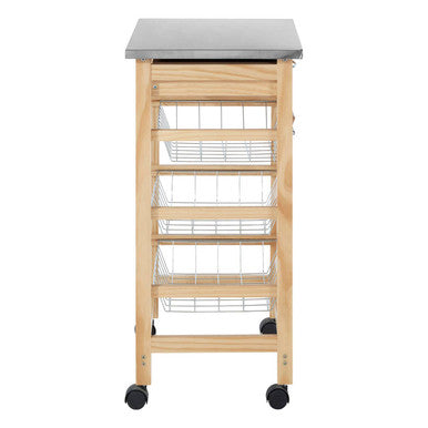 Silver Pinewood Kitchen Trolley with Drawer and Baskets Glenn | Harlow