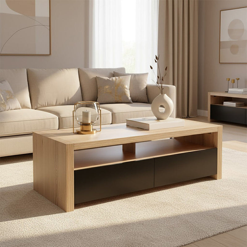 Natural Oak Veneer Coffee Table with 2 Storage Drawers and 1 Shelf | Loki