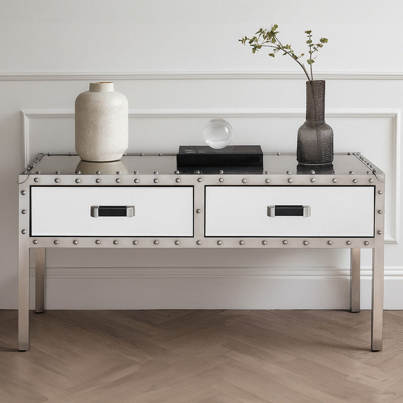 Silver Rectangular Storage Coffee Table in Metal and Glass | Rivet