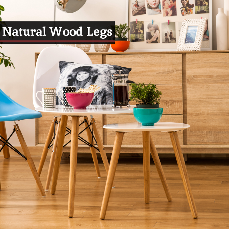 White High Gloss Top Nest of 2 Tables with Natural Wood Legs | Nostra