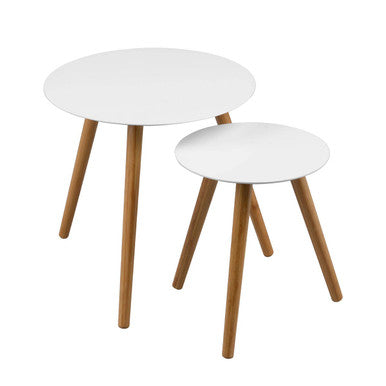 White High Gloss Round Top Nest of 2 Tables with Natural Wood Legs | Nostra