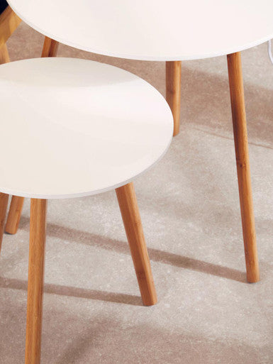 White High Gloss Round Top Nest of 2 Tables with Natural Wood Legs | Nostra