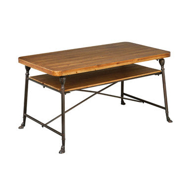 Natural Fir Wood Top Industrial Dining Table with Lower Shelf and Black Metallic Legs | Foundry