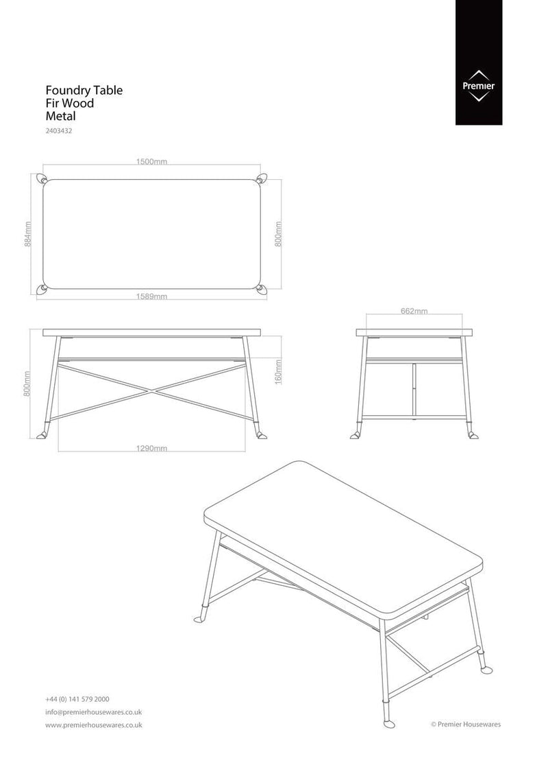 Natural Fir Wood Top Industrial Dining Table with Lower Shelf and Black Metallic Legs | Foundry