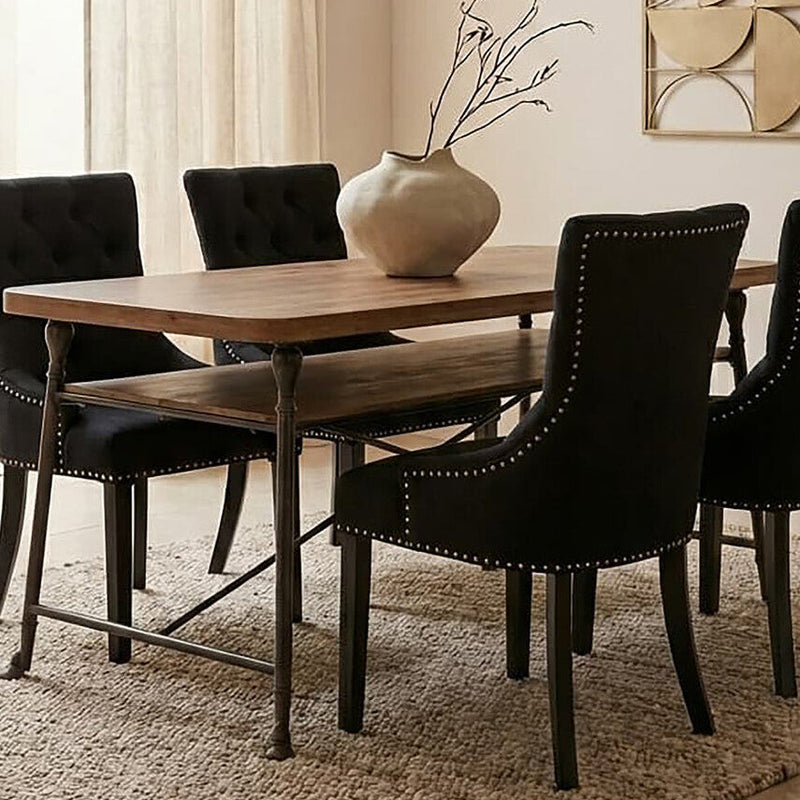 Natural Fir Wood Top Industrial Dining Table with Lower Shelf and Black Metallic Legs | Foundry