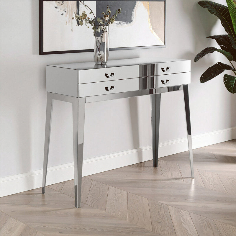 Silver Stainless Steel Console Table with 4 Storage Drawers | Lure