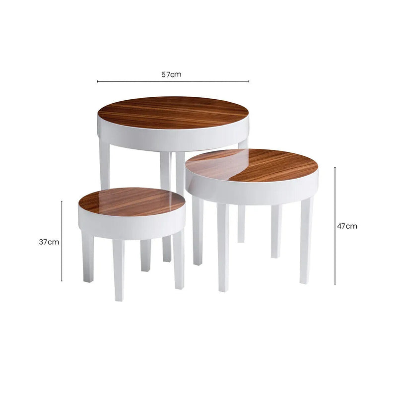 White High Gloss Wooden Frame Nest of 3 Table with Pear Wood Effect Top | Moritz