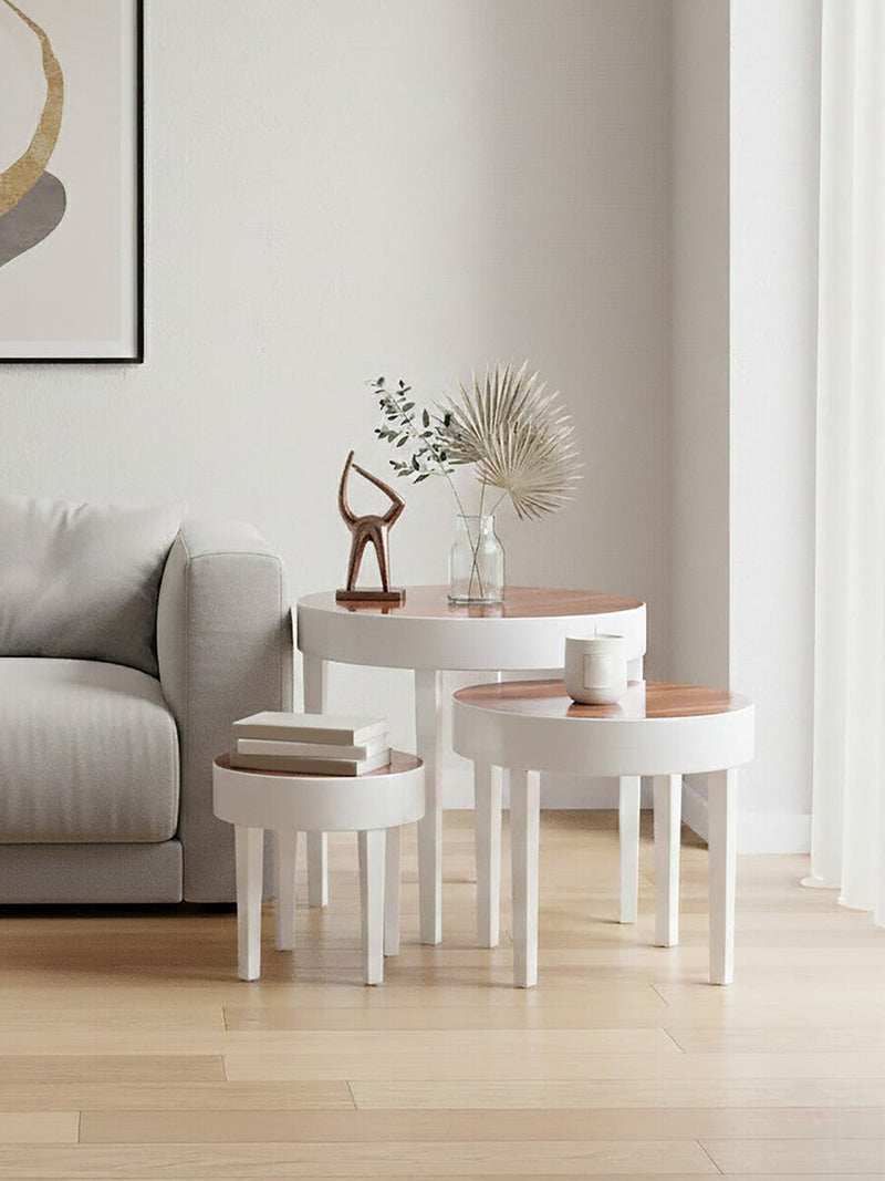 White High Gloss Wooden Frame Nest of 3 Table with Pear Wood Effect Top | Moritz