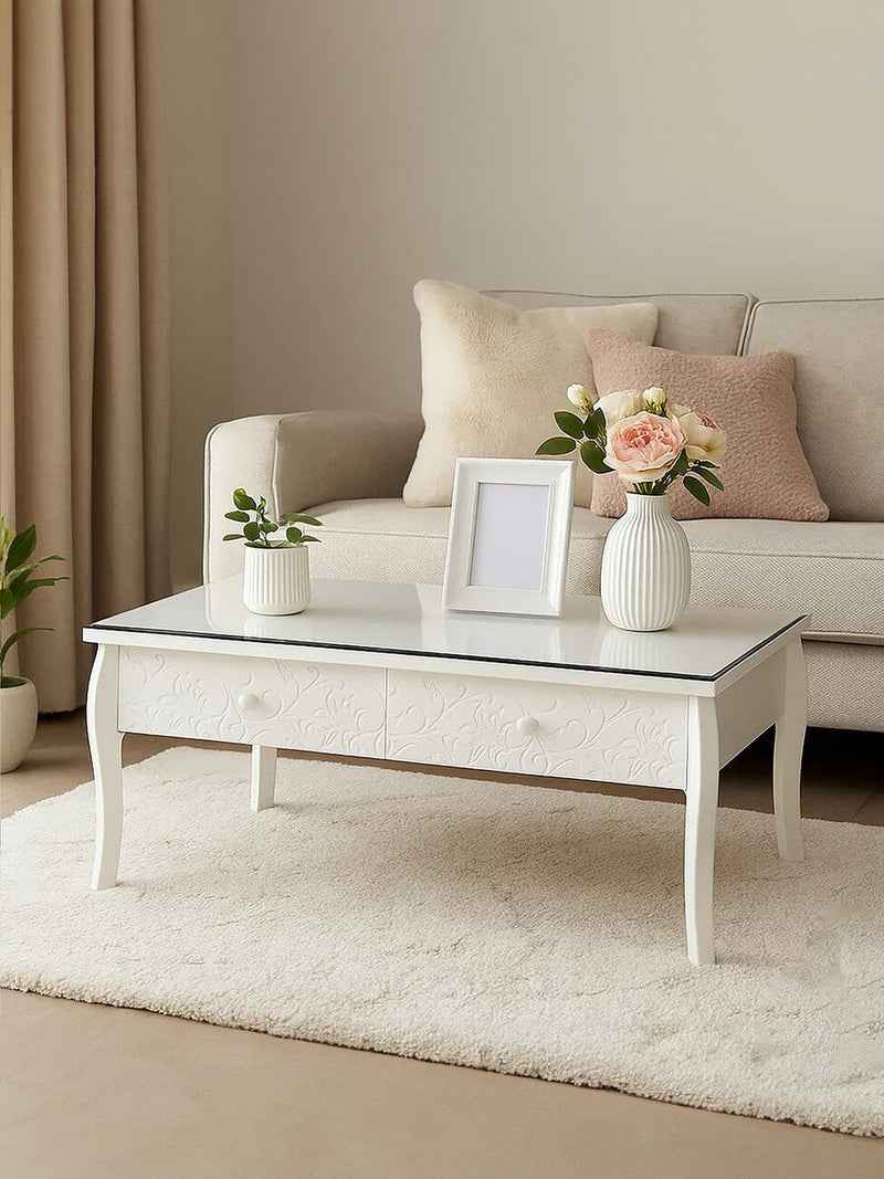 White Glass Top Storage Coffee Table with 2 Drawers | Chamonix