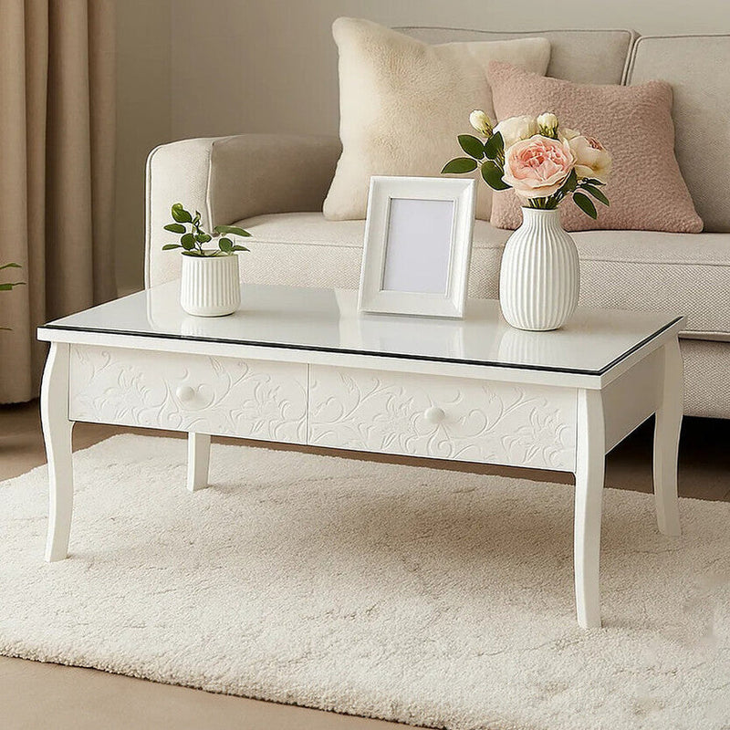 White Glass Top Storage Coffee Table with 2 Drawers | Chamonix