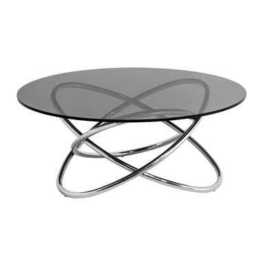 Smoked Grey Tempered Glass Top Round Coffee Table with Sculptural Stainless Steel Intertwined Base | Cassy