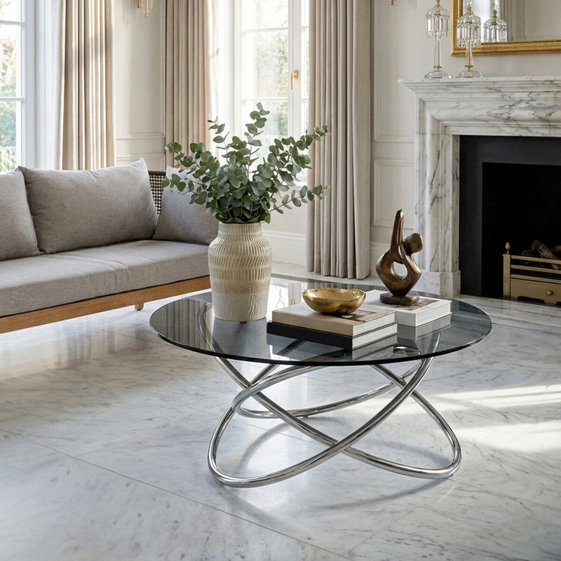 Smoked Grey Tempered Glass Top Round Coffee Table with Sculptural Stainless Steel Intertwined Base | Cassy