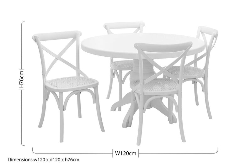 Round Solid Wood Dining Table with 4 Chairs Set in Whitewash Finish | Vermont