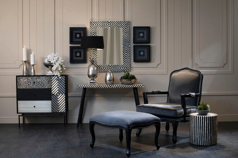 Grey Velvet Chair and Footstool | Rococo