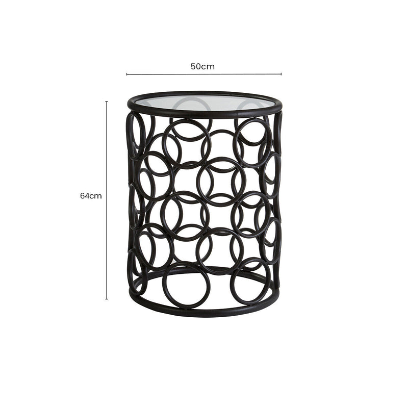 Black Round Glass Top Side Table with Circular Frame Design Meta Base | Antalya