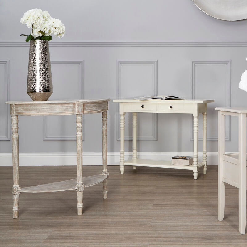 Natural Wooden Half Moon Console Table with Lower Storage Shelf and Carved Legs | Heritage