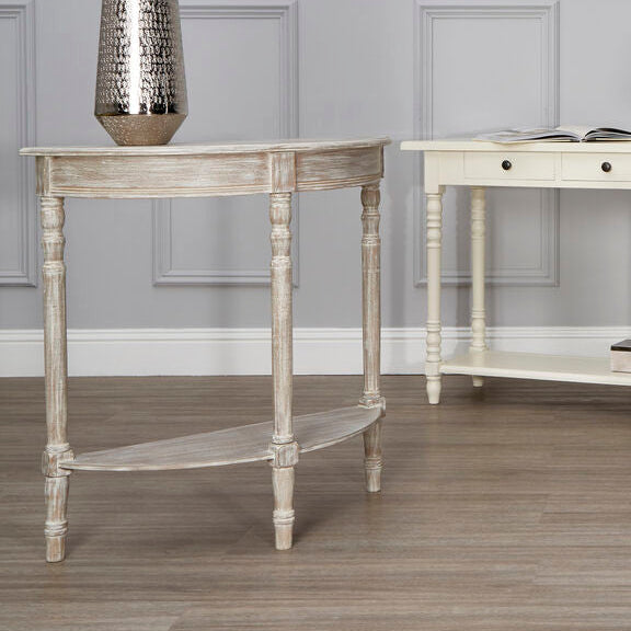 Natural Wooden Half Moon Console Table with Lower Storage Shelf and Carved Legs | Heritage