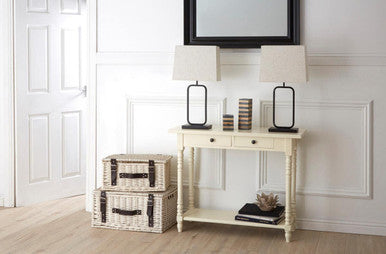 White Wooden Ivory Two-Tier Display Top Console Table with 2 Drawers and Carved Legs, Heritage