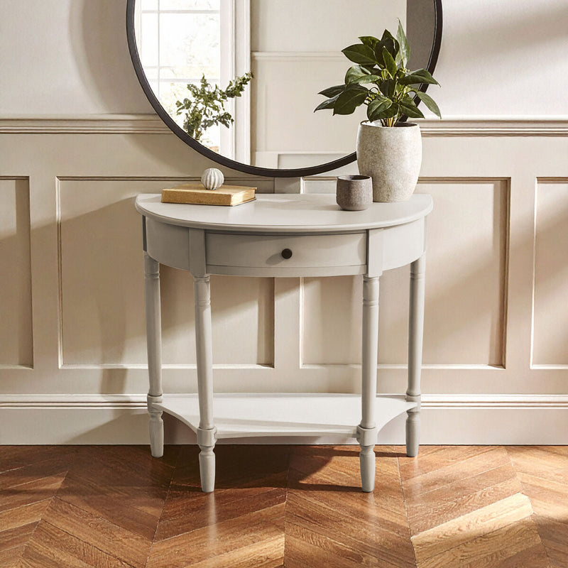Grey Putty Natural Wooden One-Drawer Console Table with Open Lower Shelf and Carved Spindle Legs, Heritage