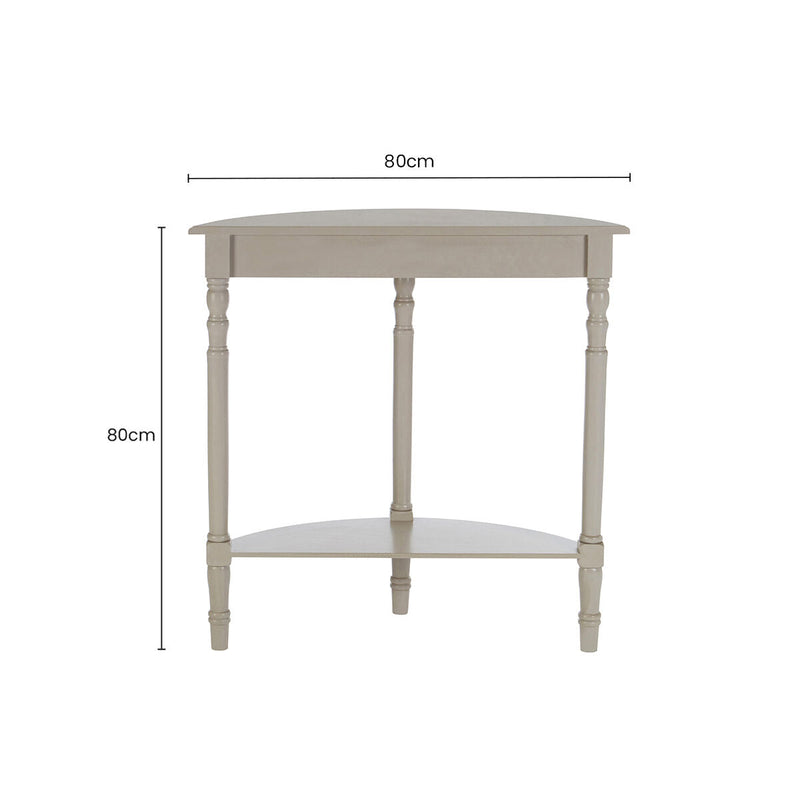 Grey Putty Wooden Half Moon Console Table with Open Lower Shelf and Carved Spindle Legs | Heritage