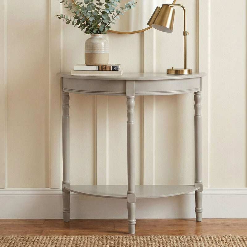 Grey Putty Wooden Half Moon Console Table with Open Lower Shelf and Carved Spindle Legs | Heritage