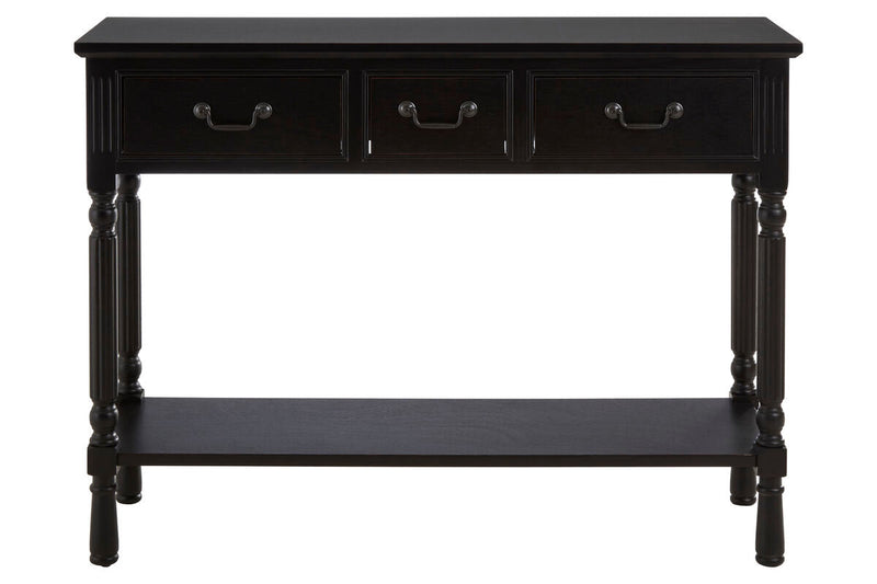 Vintage Black Wooden Three-Drawer Console Table with Bottom Storage Shelf and Carved Spindle Legs, Heritage