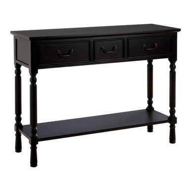 Vintage Black Wooden Three-Drawer Console Table with Bottom Storage Shelf and Carved Spindle Legs, Heritage
