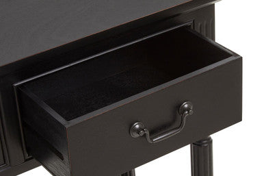 Vintage Black Wooden Three-Drawer Console Table with Bottom Storage Shelf and Carved Spindle Legs, Heritage