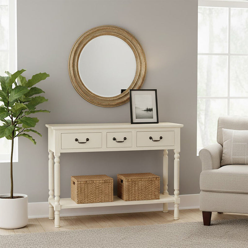 White Ivory Wooden 3-Drawer Console Table with Bevelled Top and Bottom Shelf | Heritage