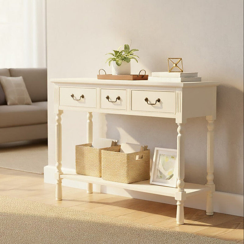 White Ivory Wooden 3-Drawer Console Table with Bevelled Top and Bottom Shelf | Heritage