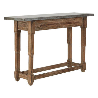 Grey Metal Top Console Table with Natural Carved Wooden Legs | Elementary
