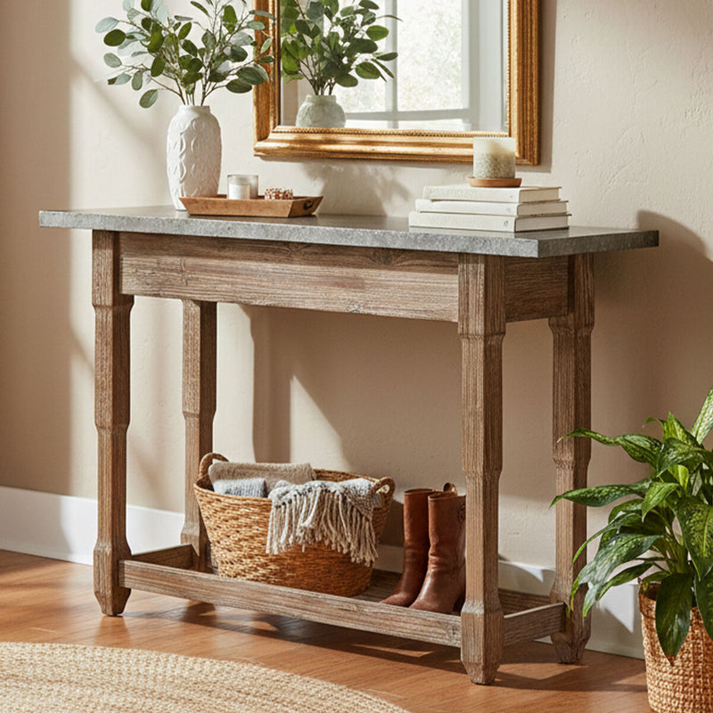 Grey Metal Top Console Table with Natural Carved Wooden Legs | Elementary