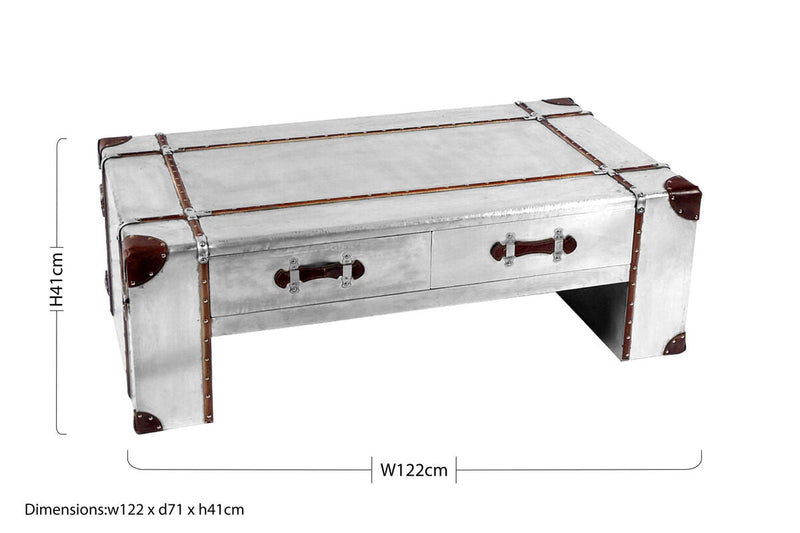 Silver Aluminium and Brown Faux Leather Finish Coffee Table with 2 Drawers | Avro
