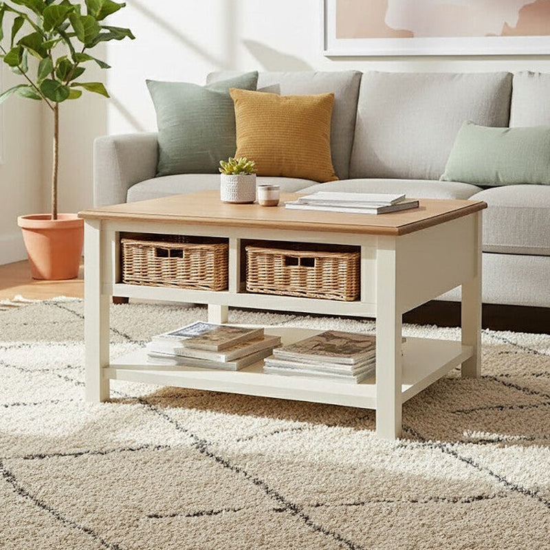 Cream Wood Coffee Table with 2 Rattan Storage Baskets | Dorset