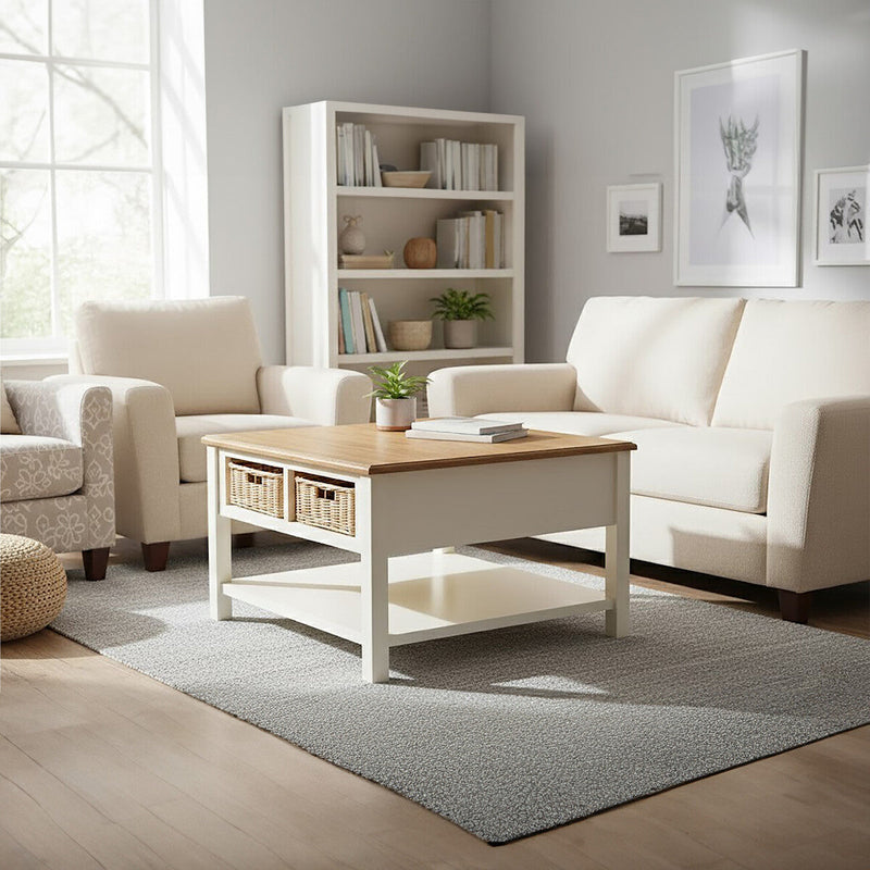 Cream Wood Coffee Table with 2 Rattan Storage Baskets | Dorset
