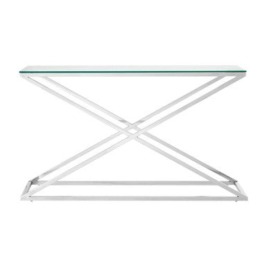 Clear Tempered Glass Top Console Table with Stainless Steel Criss Cross Base | Montril