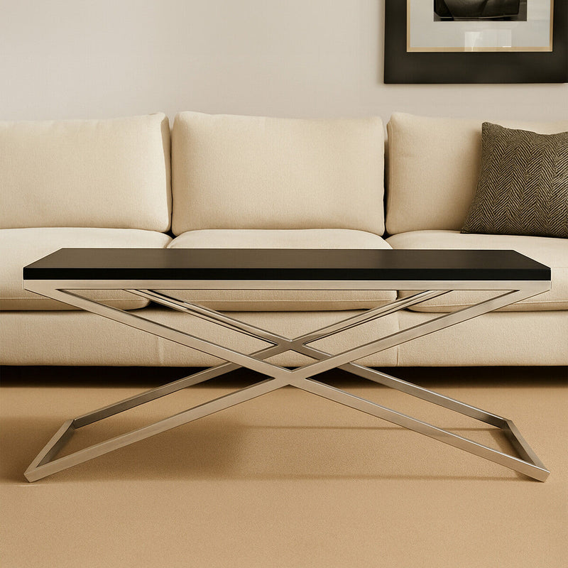 Black Leather Effect Rectangular Coffee Table with Cross Frame Design | Tribute