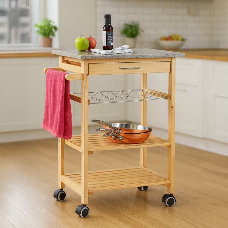 Large Pinewood Kitchen Trolley with Granite Surface Glenn | Harlow