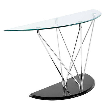 Tempered Glass Top Half Moon Console Table with Cross Chrome Metal Legs and Black Wooden Base | Halo